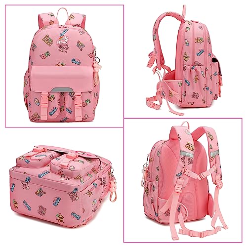 HTWO school backpack for girls cute cartoon bookbag Spinal protection kids travel backpacks for girl with Gift pendant (Pink)