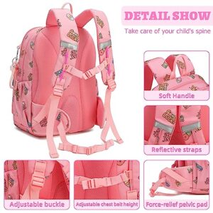 HTWO school backpack for girls cute cartoon bookbag Spinal protection kids travel backpacks for girl with Gift pendant (Pink)