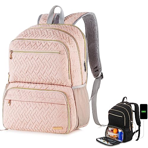 BAOXA Lunch Backpack for Women, 17 inch Laptop Backpack with USB Charging Port, Large Computer Backpack with Lunch Compartment, Insulated Backpack Lunch Bag for Work Travel (Pink, 17in)