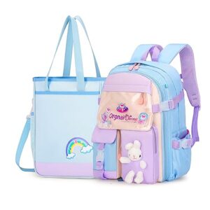 dorlubel girls backpack elementary school bunny backpack for girls kindergarten preschool bookbag with tote bag (blue bunny set)