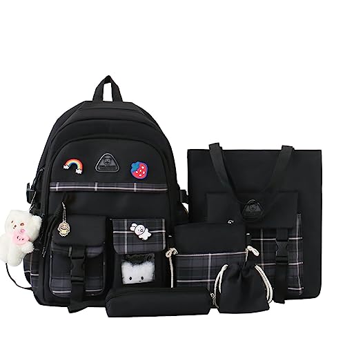 LsdgFriday Kawaii Backpack Set 5Pcs Canvas Plaid School Bag with Cute Pendants Pins Accessories for Teen Girls Aesthetic Backpack Shoulder Tote Bags Daypack for Back To School