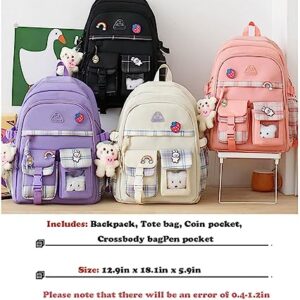 LsdgFriday Kawaii Backpack Set 5Pcs Canvas Plaid School Bag with Cute Pendants Pins Accessories for Teen Girls Aesthetic Backpack Shoulder Tote Bags Daypack for Back To School