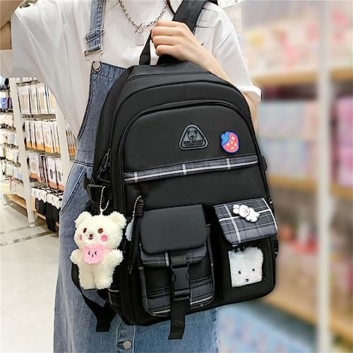 LsdgFriday Kawaii Backpack Set 5Pcs Canvas Plaid School Bag with Cute Pendants Pins Accessories for Teen Girls Aesthetic Backpack Shoulder Tote Bags Daypack for Back To School