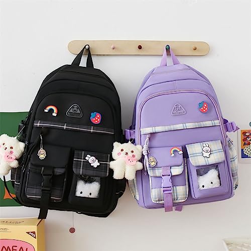 LsdgFriday Kawaii Backpack Set 5Pcs Canvas Plaid School Bag with Cute Pendants Pins Accessories for Teen Girls Aesthetic Backpack Shoulder Tote Bags Daypack for Back To School