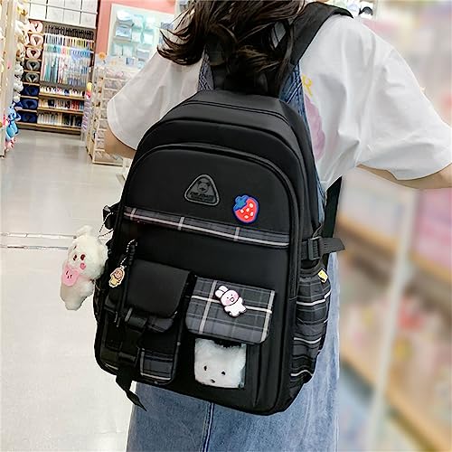 LsdgFriday Kawaii Backpack Set 5Pcs Canvas Plaid School Bag with Cute Pendants Pins Accessories for Teen Girls Aesthetic Backpack Shoulder Tote Bags Daypack for Back To School