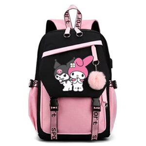 cihuiung cute cool backpack for teens girls, kawaii backpack with kawaii pins accessories, backpack bookbag outdoor daypack with usb charge port (21 liters, black pink)