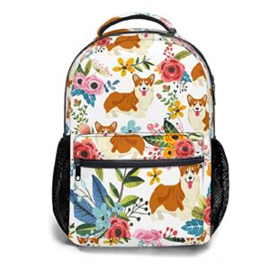 cute welsh corgi dog backpack - funny puppy backpacks for kids lovely dogs with spring flowers design bookbag travel laptop daypack school book bag for girls boys teens