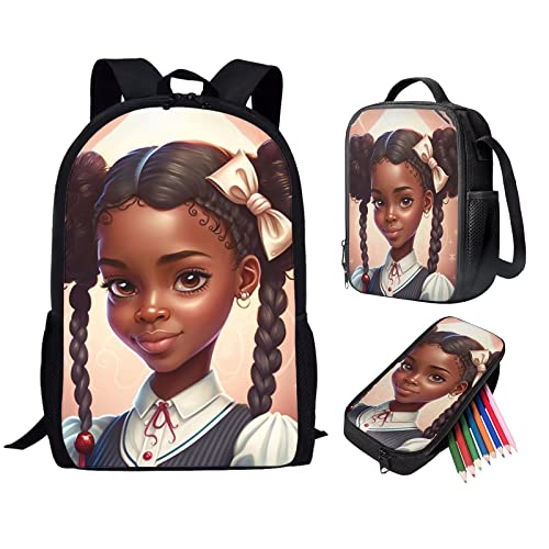 Uourmeti African School Girls School Backpack and Lunch Box Kawaii Bookbag and Lunch Bag Pencil Case Pouch Casual Daypack Backpack Elementary School Bag for Kids Travel Bag Pack