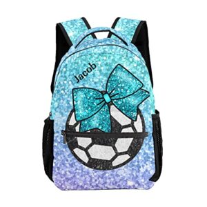 nzoohy blue glitter soccer bow personalized kids school backpack custom for boys girls primary daypack school bookbag travel bag