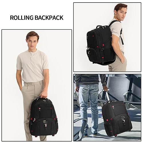 seyfocnia Rolling Backpack,Laptop Backpack with Wheels Roller Backpack Wheeled Carry on Backpack Flight Approved Business Backpack Fits 17.3 inch Travel Backpack with Wheels for Men Women-Black