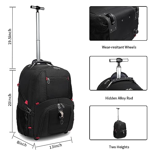 seyfocnia Rolling Backpack,Laptop Backpack with Wheels Roller Backpack Wheeled Carry on Backpack Flight Approved Business Backpack Fits 17.3 inch Travel Backpack with Wheels for Men Women-Black