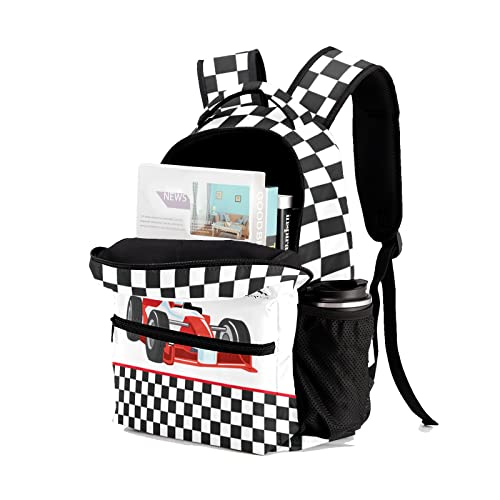 NZOOHY Race Car Checkered Personalized Kids School Backpack Custom for Boys Girls Primary Daypack School Bookbag Travel Bag