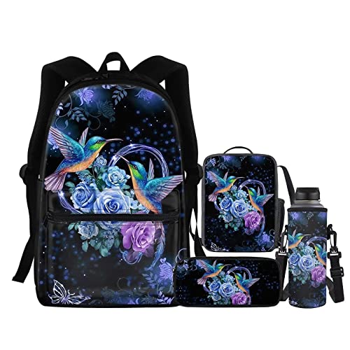 ZFRXIGN Flower Hummingbirds Backpack Purse for Women with Lunch Box Pencil Case Water Bottle Holder Girls Book Bag Middle School Rucksack Lunch Tote Bags Pencil Pouch