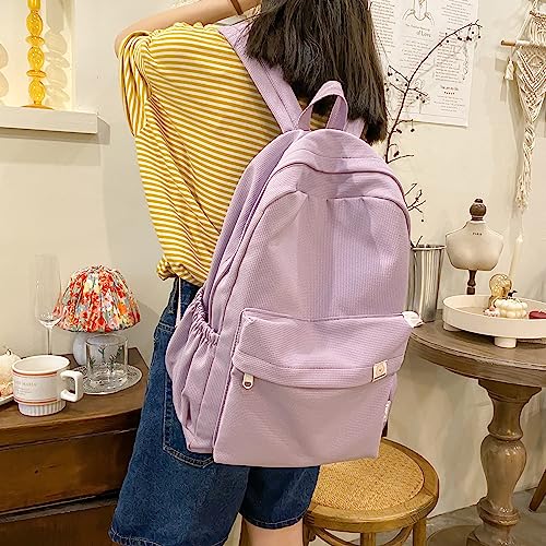 BOUTIKOME Solid Color Backpack for Women Aesthetic Travel Backpack Large Capacity Waterproof Casual Basic Backpack（Purple,One Size）