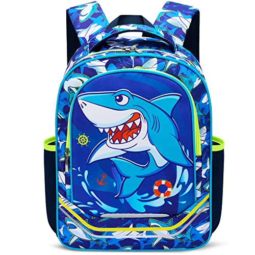 WAWSAM Shark Backpack for Boys - 15 Inch Boys Backpacks for Kids School Kindergarten Primary Elementary Schoolbag Bookbag Blue Backpack with Chest Strap and Bottle Pocket Travel Casual Daypacks