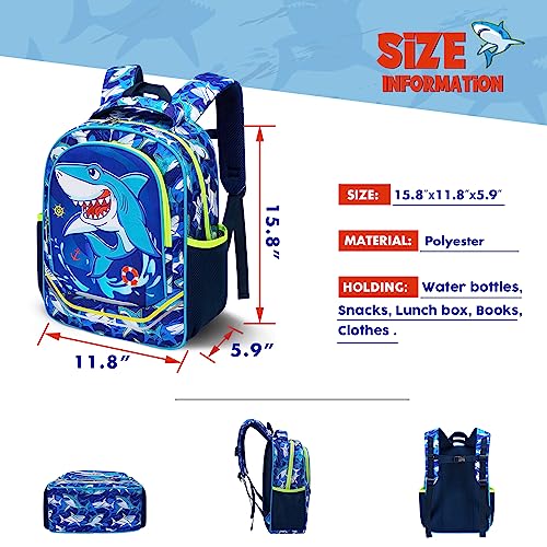 WAWSAM Shark Backpack for Boys - 15 Inch Boys Backpacks for Kids School Kindergarten Primary Elementary Schoolbag Bookbag Blue Backpack with Chest Strap and Bottle Pocket Travel Casual Daypacks