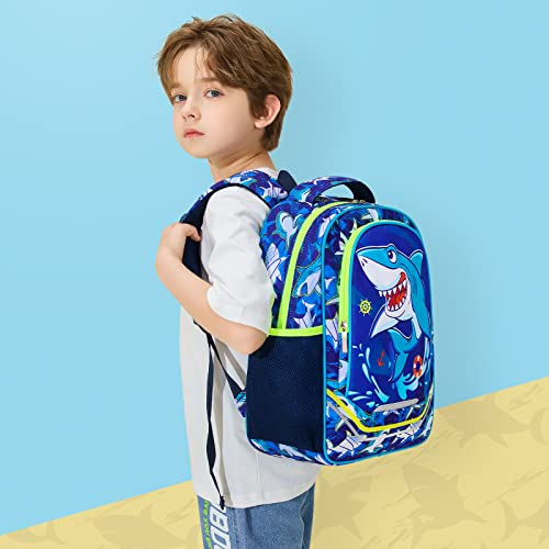 WAWSAM Shark Backpack for Boys - 15 Inch Boys Backpacks for Kids School Kindergarten Primary Elementary Schoolbag Bookbag Blue Backpack with Chest Strap and Bottle Pocket Travel Casual Daypacks