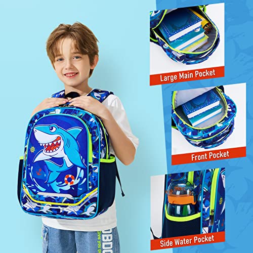 WAWSAM Shark Backpack for Boys - 15 Inch Boys Backpacks for Kids School Kindergarten Primary Elementary Schoolbag Bookbag Blue Backpack with Chest Strap and Bottle Pocket Travel Casual Daypacks