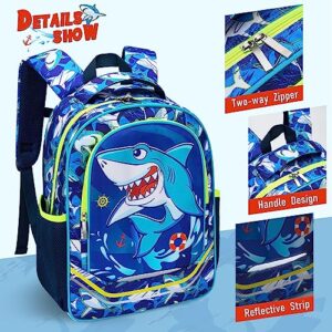 WAWSAM Shark Backpack for Boys - 15 Inch Boys Backpacks for Kids School Kindergarten Primary Elementary Schoolbag Bookbag Blue Backpack with Chest Strap and Bottle Pocket Travel Casual Daypacks