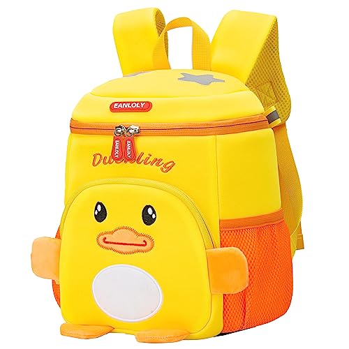 EANLOLY Toddler Backpack, 3D Cute Cartoon Animal Preschool Kids Backpack, with Chest Strap & Bottle Holder, Neoprene Waterproof Bookbag, School Lunch Backpack for Boys Girls, Yellow Duck