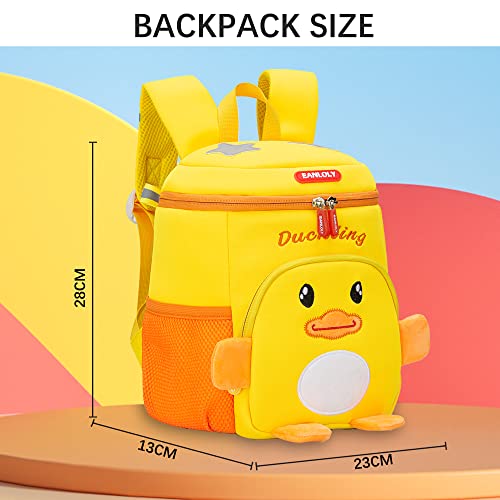 EANLOLY Toddler Backpack, 3D Cute Cartoon Animal Preschool Kids Backpack, with Chest Strap & Bottle Holder, Neoprene Waterproof Bookbag, School Lunch Backpack for Boys Girls, Yellow Duck