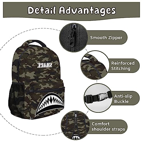 Cbntnaf Camo Daypack for Women Men, Shark Teeth Bookbag for Boys Girls, Large Capacity Lightweight Backpack for School Work Camping Hiking