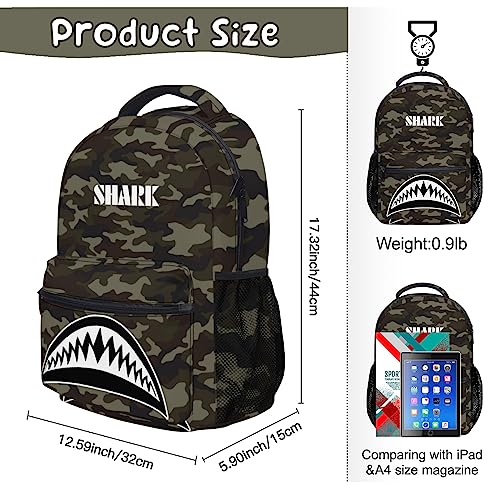 Cbntnaf Camo Daypack for Women Men, Shark Teeth Bookbag for Boys Girls, Large Capacity Lightweight Backpack for School Work Camping Hiking