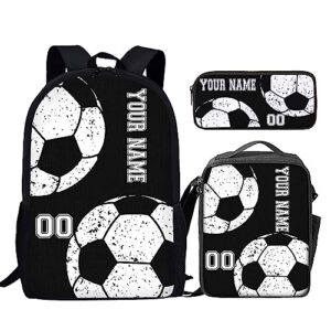 howilath custom soccer ball pattern black 3 pcs school backpack set for teen boys girls 17 inch shoulder bookbag lunch box with pencil case