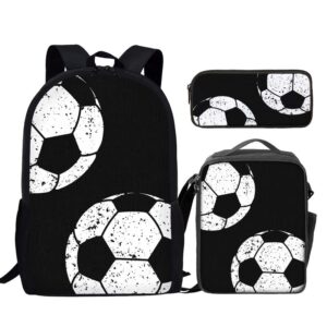 Howilath Custom Soccer Ball Pattern Black 3 Pcs School Backpack Set for Teen Boys Girls 17 Inch Shoulder Bookbag Lunch Box with Pencil Case