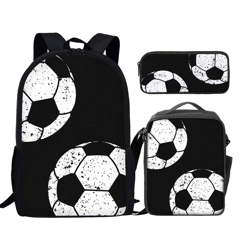 Howilath Custom Soccer Ball Pattern Black 3 Pcs School Backpack Set for Teen Boys Girls 17 Inch Shoulder Bookbag Lunch Box with Pencil Case