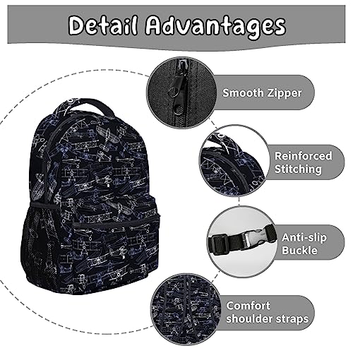 Cbntnaf Airplane Daypack for Women Men, Black Aircraft Print Bookbag for Boys Girls, Large Capacity Lightweight Backpack for School Work Camping Hiking