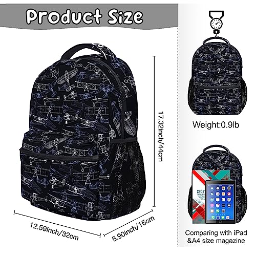 Cbntnaf Airplane Daypack for Women Men, Black Aircraft Print Bookbag for Boys Girls, Large Capacity Lightweight Backpack for School Work Camping Hiking