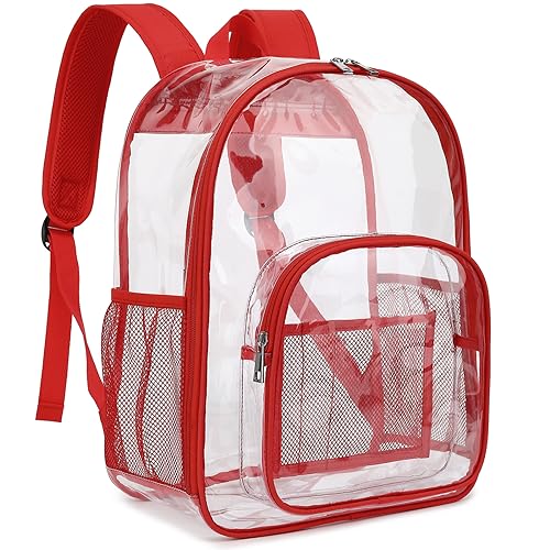 Kouxunt Clear Backpack Men Women Heavy Duty PVC Plastic Transparent School Backpack See Through Bookbags for Teen Girls Boys (Red)