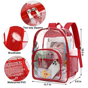 Kouxunt Clear Backpack Men Women Heavy Duty PVC Plastic Transparent School Backpack See Through Bookbags for Teen Girls Boys (Red)