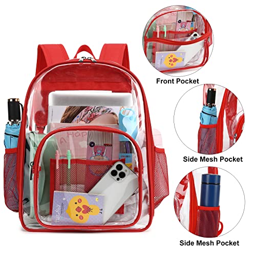 Kouxunt Clear Backpack Men Women Heavy Duty PVC Plastic Transparent School Backpack See Through Bookbags for Teen Girls Boys (Red)