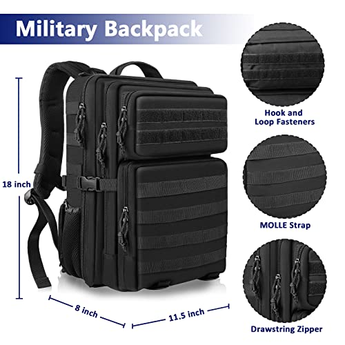 Large Tactical Backpack, Military Gear Backpack For Men, Upgrade Durable 48L Big Army Tactical Backpacks, Extra Large Travel Backpack Mochila Molle Bag For Work Hiking Outdoor Sport Camping, Black