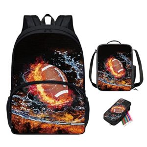 dmoyala 3 piece school backpack set kids school bag and lunch box pencil box, 3 in 1 water and fire sports rugby pattern backpack 17 inch school backpack for teens lightweight backpack