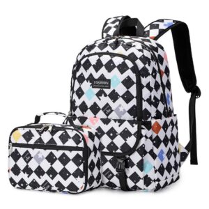 gnoved girls backpack with lunch box 2pcs set checkered laptop kawaii backpack boys preppy bookbag over 6 years old black