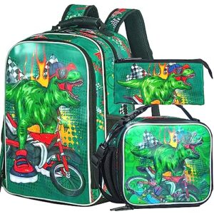 ufndc 3pcs dinosaur backpack, 3d boys bookbag with lunch box, kids water resistant school bag for elementary toddler