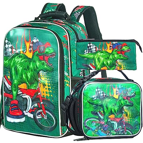 UFNDC 3PCS Dinosaur Backpack, 3D Boys Bookbag with Lunch Box, Kids Water Resistant School Bag for Elementary Toddler