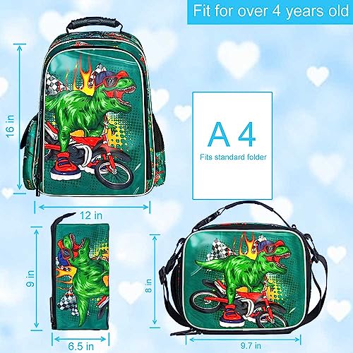 UFNDC 3PCS Dinosaur Backpack, 3D Boys Bookbag with Lunch Box, Kids Water Resistant School Bag for Elementary Toddler