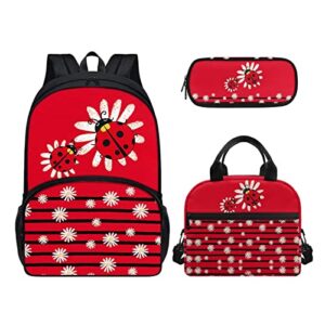 Agoviwo Ladybug Design School Backpack Set for Girls 10-12 Years Old Book Bag, Lunch Bag and Pencil Case