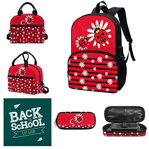 Agoviwo Ladybug Design School Backpack Set for Girls 10-12 Years Old Book Bag, Lunch Bag and Pencil Case