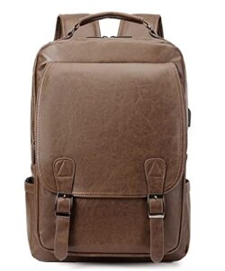 akaka men brown outdoor backpack imitation leather weekend bag leisure bag carrying backpack old fashion traveling laptap backpack with usb port.