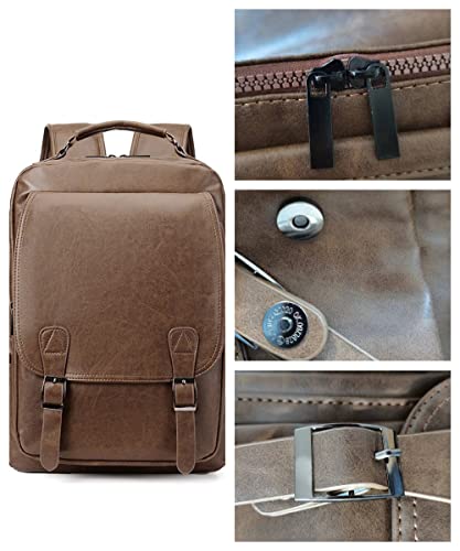 AKAKA Men Brown Outdoor Backpack Imitation Leather Weekend Bag Leisure Bag Carrying Backpack Old Fashion Traveling Laptap Backpack with USB Port.