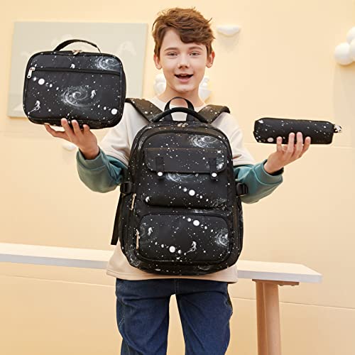 CKEGUO Boys Backpacks and Lunch-Bag Set Primary Junior High School Bag Kids Bookbag 3 in 1 Starry Sky Bookbag (Black)