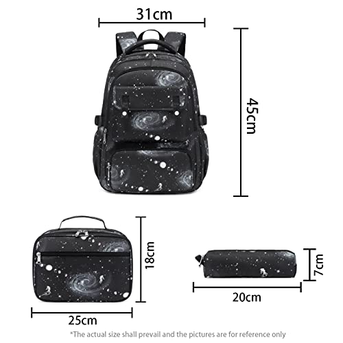 CKEGUO Boys Backpacks and Lunch-Bag Set Primary Junior High School Bag Kids Bookbag 3 in 1 Starry Sky Bookbag (Black)