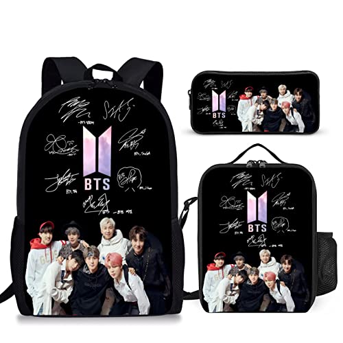 Mxiwngp BTS backpack 17 inch shcool backpack Set Fashion Daypack Book bag with Lunch Box Pen Case Students Gift for Boys Girls Fans, signatures