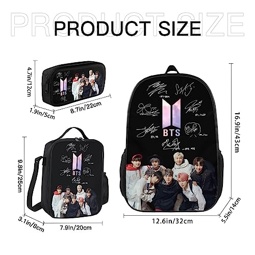 Mxiwngp BTS backpack 17 inch shcool backpack Set Fashion Daypack Book bag with Lunch Box Pen Case Students Gift for Boys Girls Fans, signatures