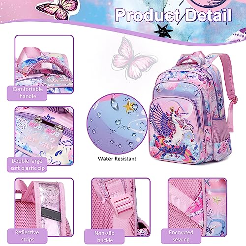 Robhomily Unicorn Backpack for Girls School Backpack for Girls Preschool Backpack for Girls,Cute Girl backpack Lightweight Purple 16 Inch